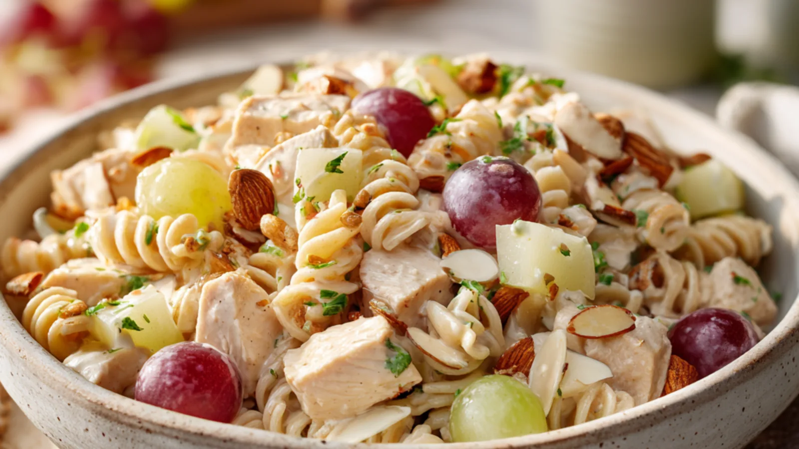 Waldorf chicken pasta salad with grapes, apples, and almonds