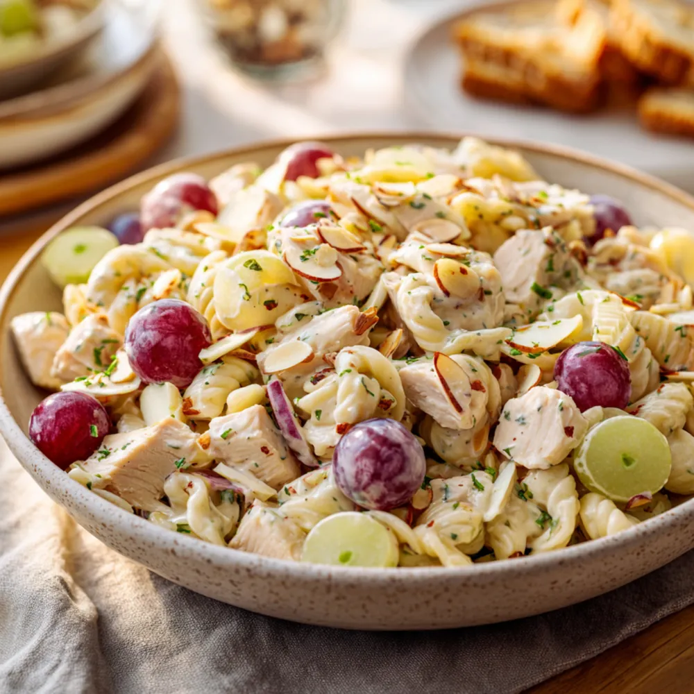 Waldorf style pasta salad with chicken, grapes, and almonds